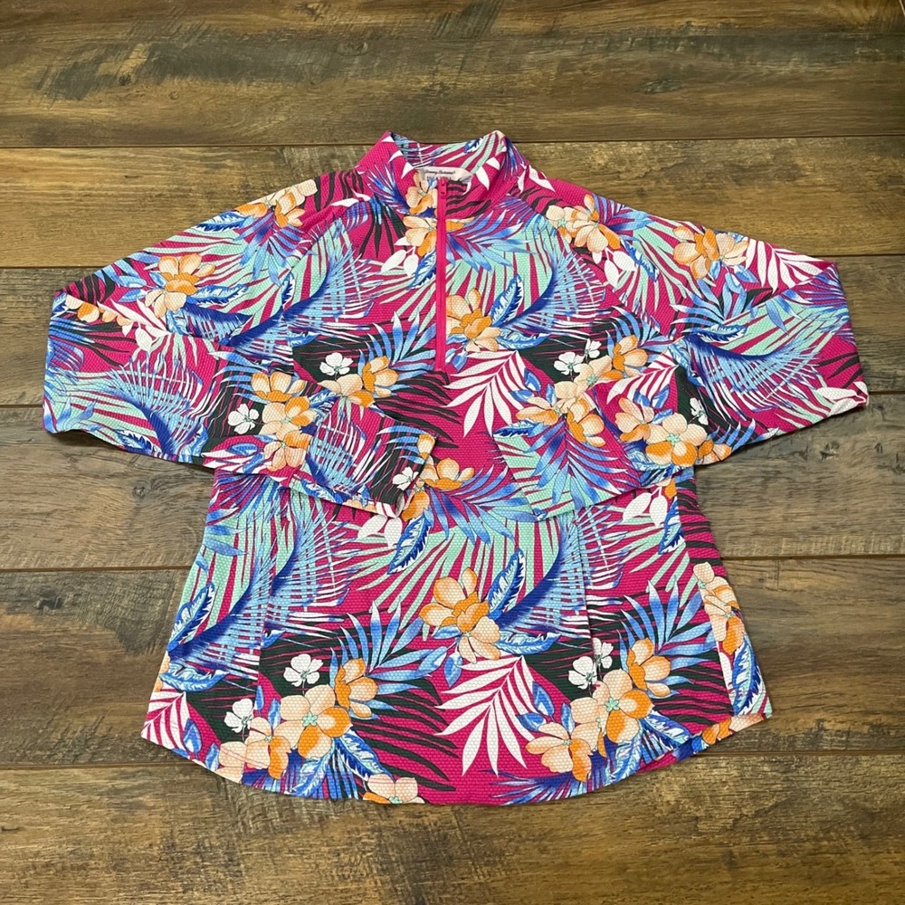 Tommy Bahama Golf Tennis Womens Large Tropical Floral Waffle Knit 1/4 Zip Top